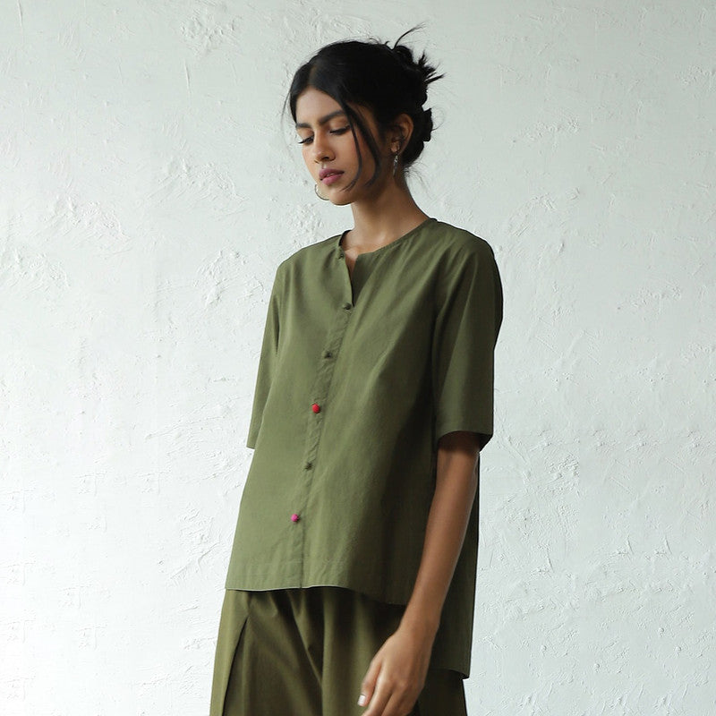 Cotton Poplin Top for Women | Hi-Lo Hem | Military Green