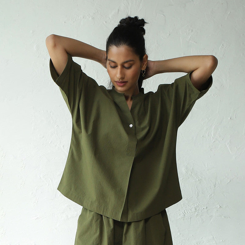 Cotton Poplin Co Ord for Women | Military Green | Top & Shorts