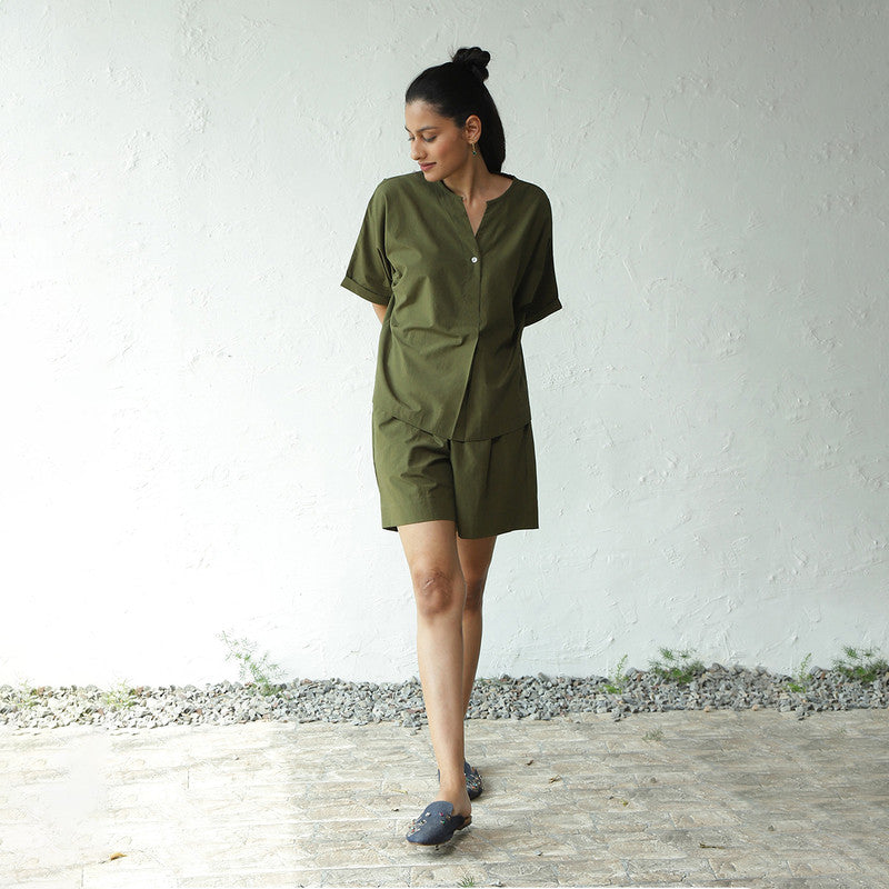 Cotton Poplin Co Ord for Women | Military Green | Top & Shorts