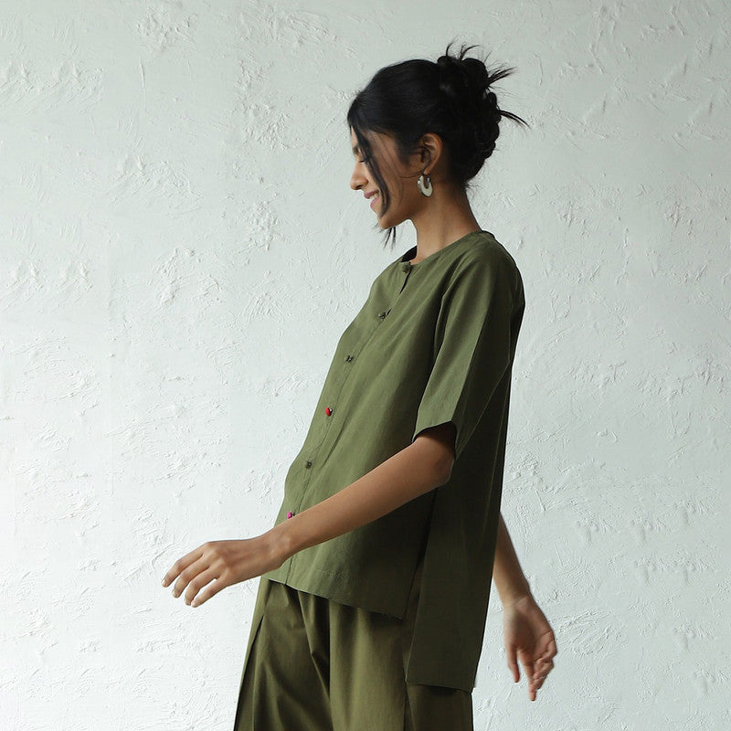 Cotton Poplin Top for Women | Hi-Lo Hem | Military Green