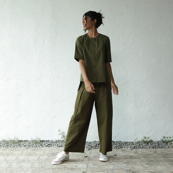 Cotton Poplin Top for Women | Hi-Lo Hem | Military Green