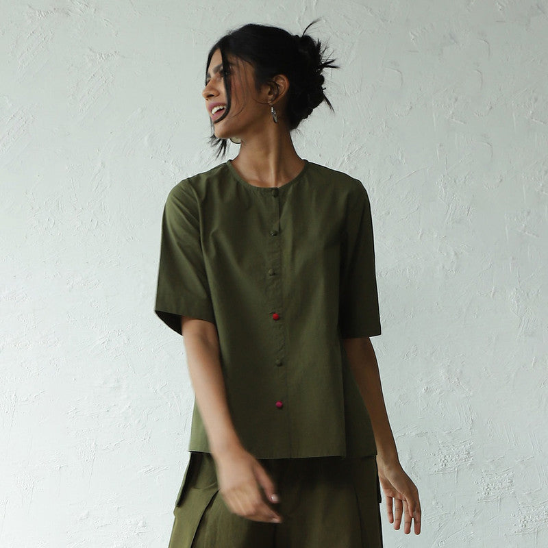 Cotton Poplin Top for Women | Hi-Lo Hem | Military Green