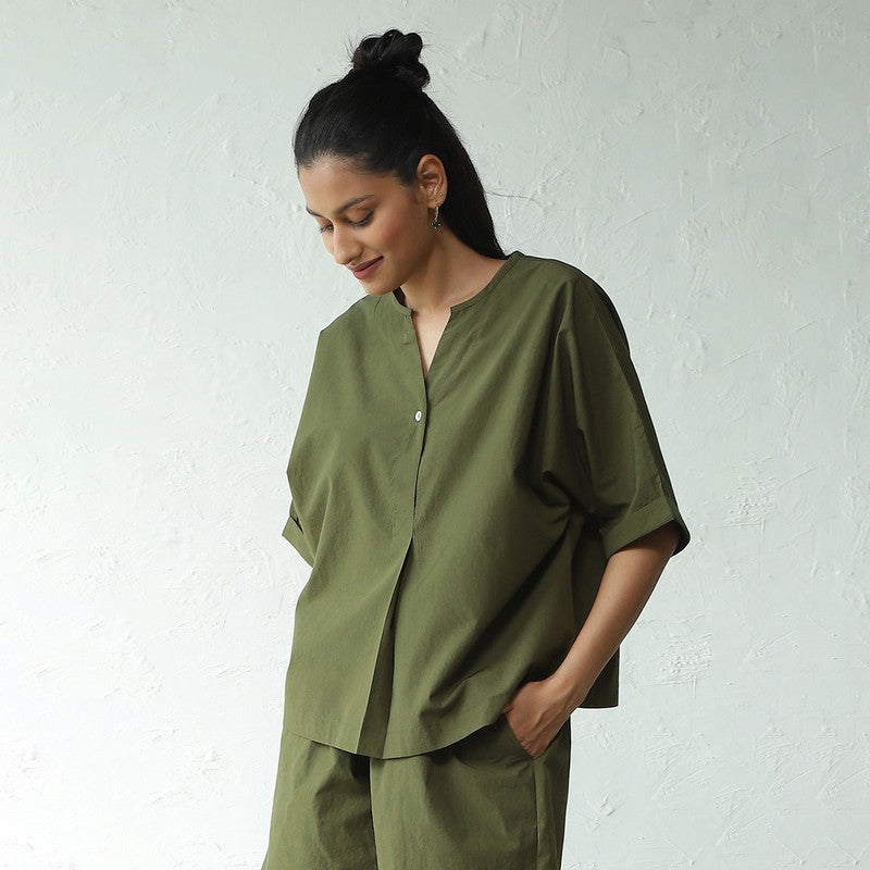 Cotton Poplin Co Ord for Women | Military Green | Top & Shorts