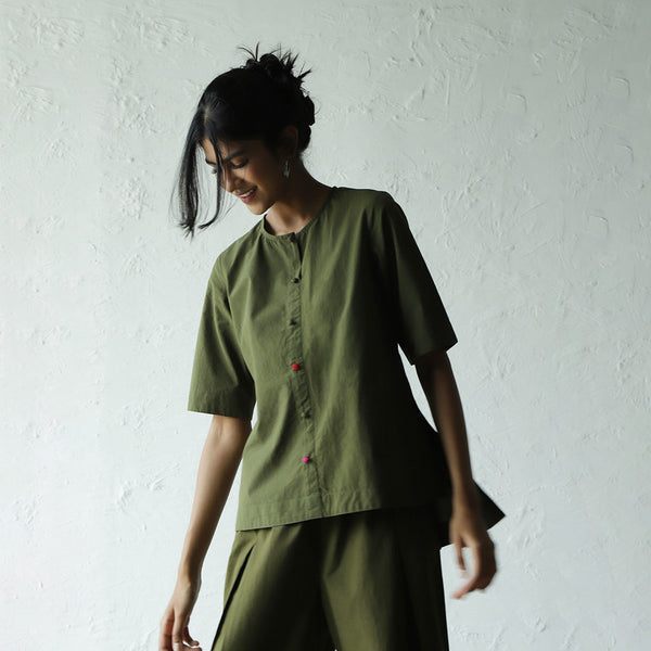 Cotton Poplin Top for Women | Hi-Lo Hem | Military Green