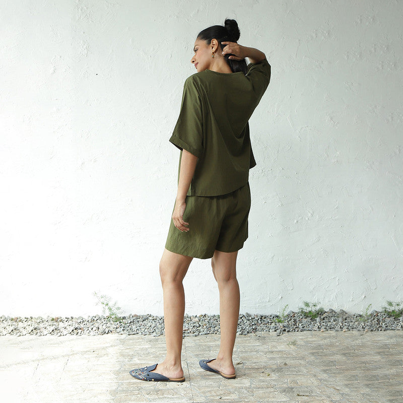 Cotton Poplin Co Ord for Women | Military Green | Top & Shorts