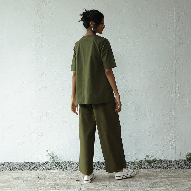 Cotton Poplin Top for Women | Hi-Lo Hem | Military Green