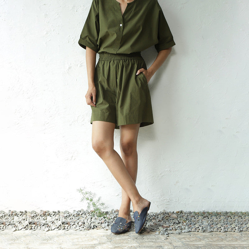 Cotton Poplin Co Ord for Women | Military Green | Top & Shorts