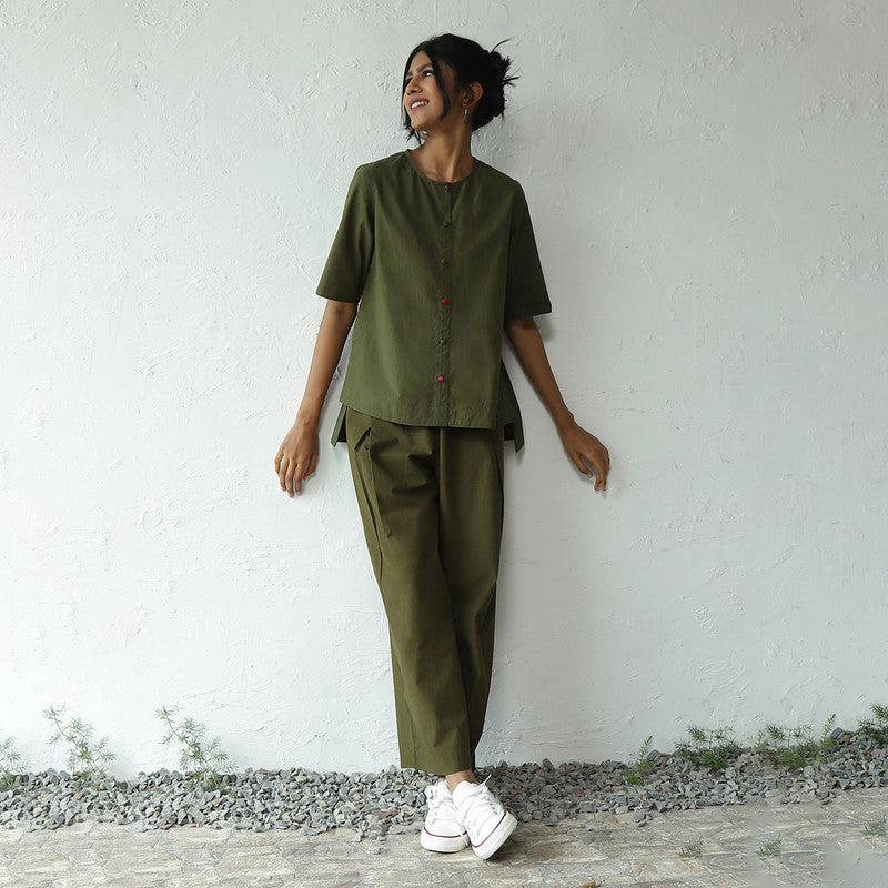 Cotton Poplin Top for Women | Hi-Lo Hem | Military Green