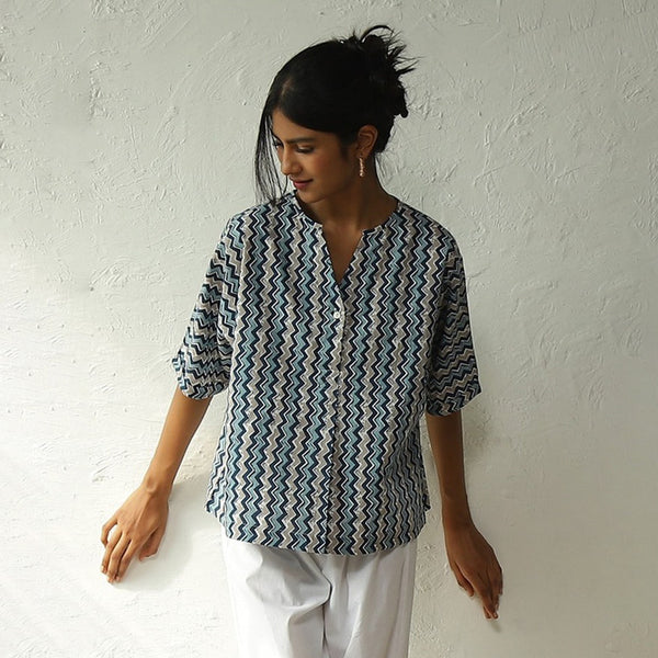 Cotton Printed Top for Women | Blue