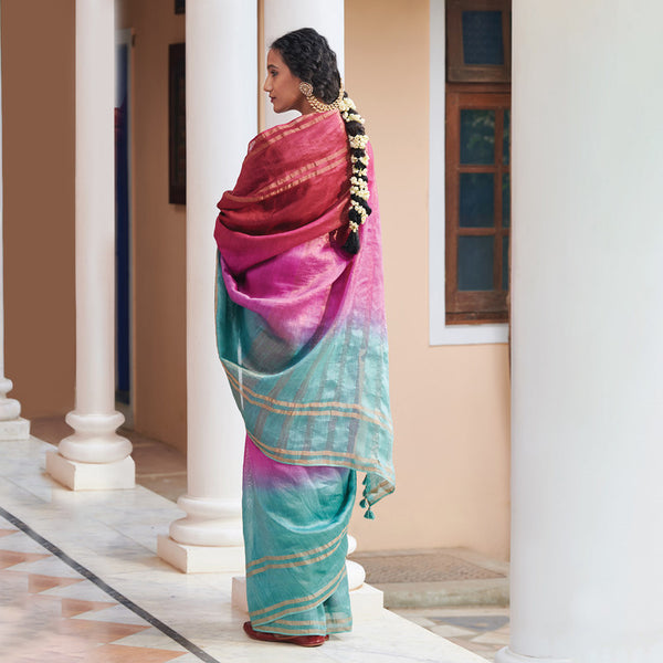 Linen Silk Saree with Blouse Fabric | Maroon & Blue