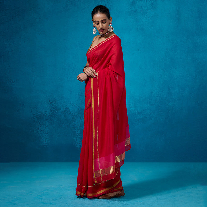 Chanderi Saree with Blouse Fabric | Mustard Silk Border | Red