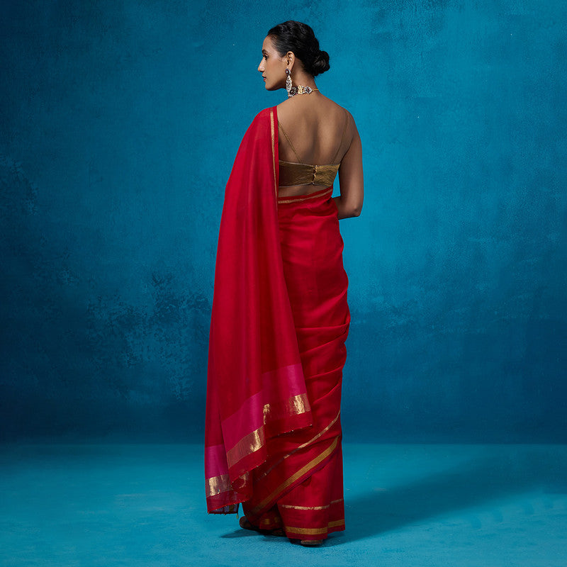 Chanderi Saree with Blouse Fabric | Mustard Silk Border | Red