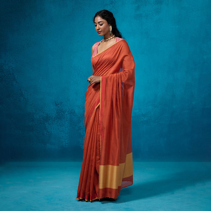 Chanderi Saree with Blouse Fabric | Zari Borders | Rust