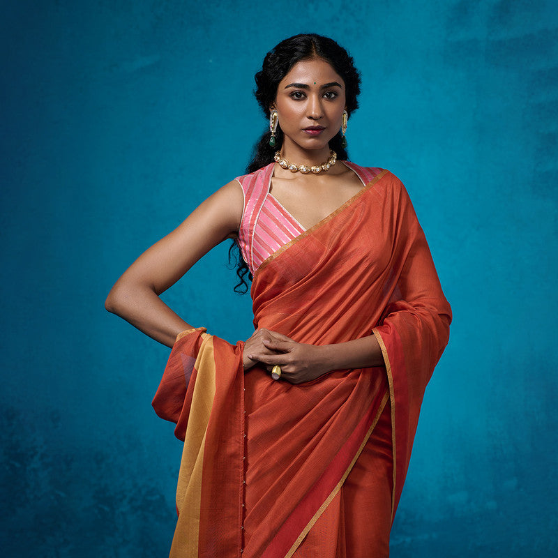 Chanderi Saree with Blouse Fabric | Zari Borders | Rust