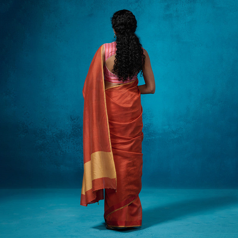 Chanderi Saree with Blouse Fabric | Zari Borders | Rust