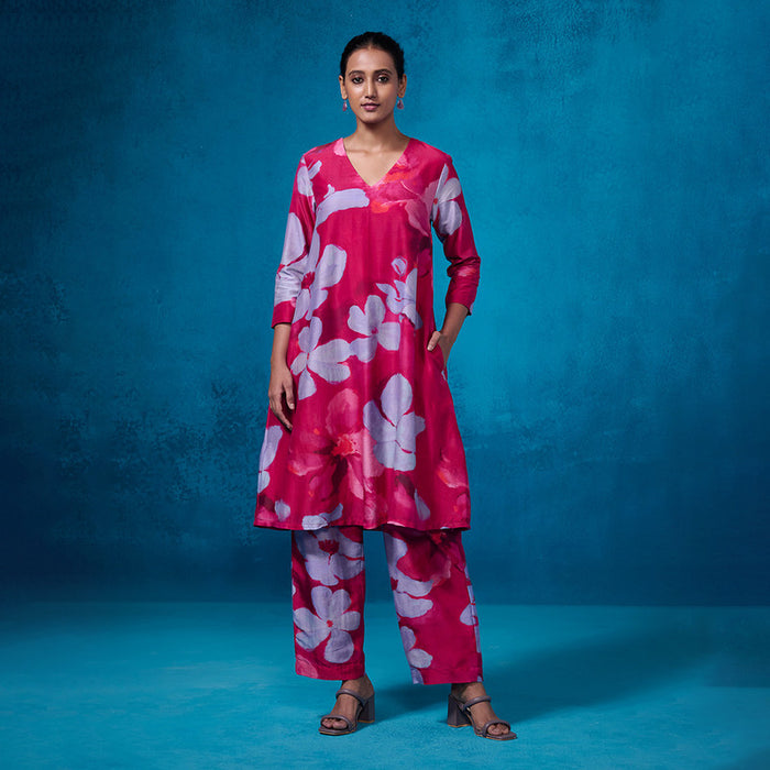 Chanderi Kurta Set For Women | Floral Printed | Deep Pink