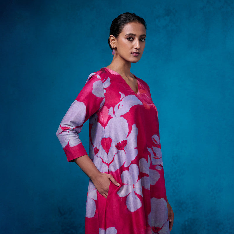 Chanderi Kurta Set For Women | Floral Printed | Deep Pink