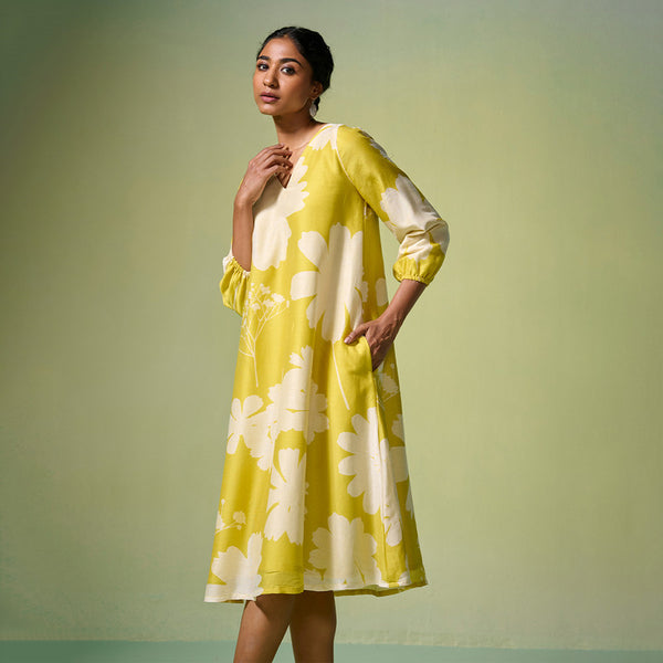 Chanderi Dress For Women | Floral Print | Lime Yellow