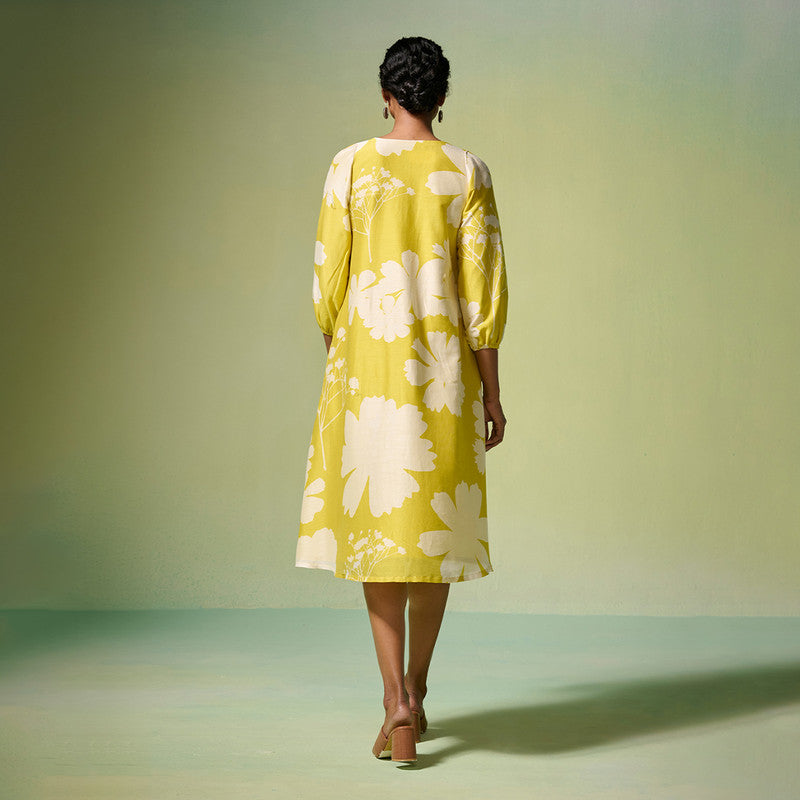 Chanderi Dress For Women | Floral Print | Lime Yellow