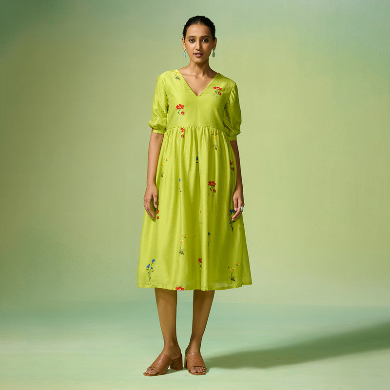 Chanderi Dress For Women | Floral Print | Lime Green