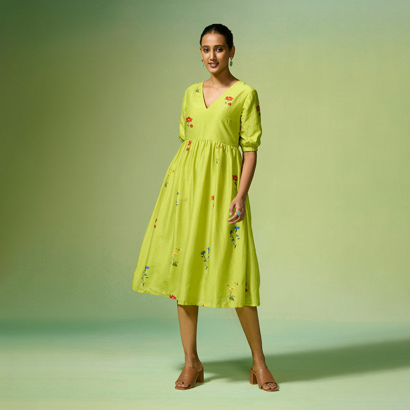 Chanderi Dress For Women | Floral Print | Lime Green