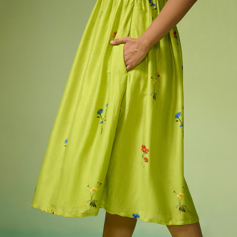 Chanderi Dress For Women | Floral Print | Lime Green