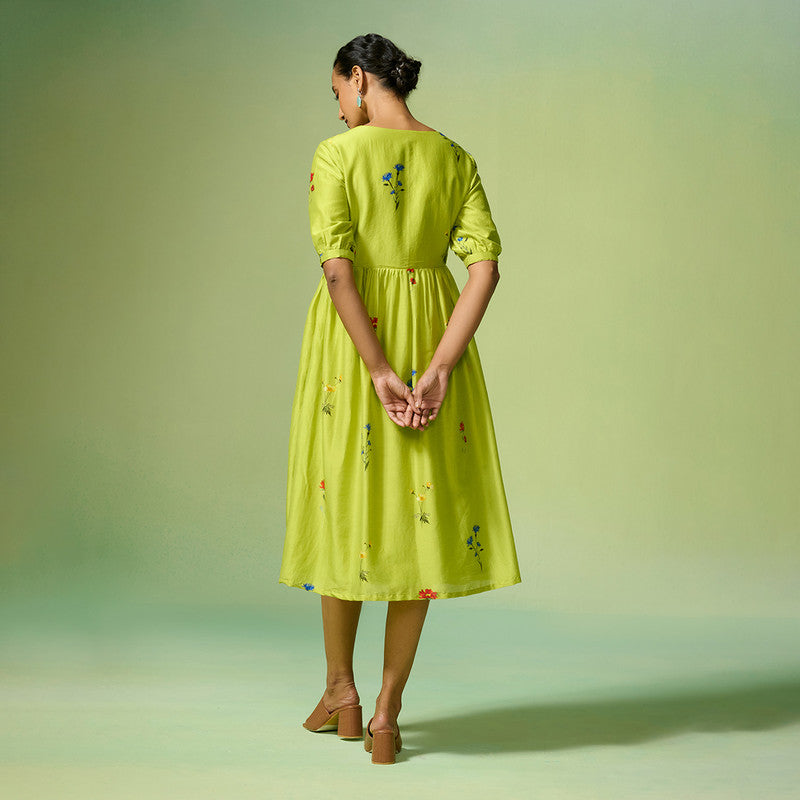 Chanderi Dress For Women | Floral Print | Lime Green