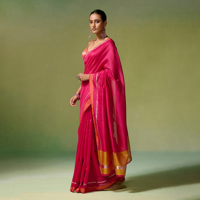 Chanderi Saree with Blouse Fabric | Silver & Orange Silk Border | Pink