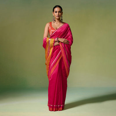 Chanderi Saree with Blouse Fabric | Silver & Orange Silk Border | Pink