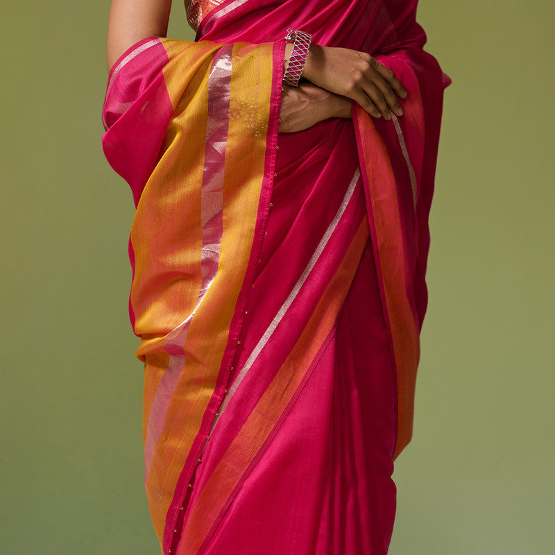 Chanderi Saree with Blouse Fabric | Silver & Orange Silk Border | Pink