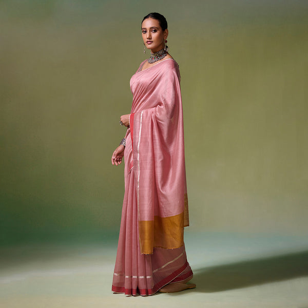 Chanderi Saree with Blouse Fabric | Zari Borders | Rose Pink