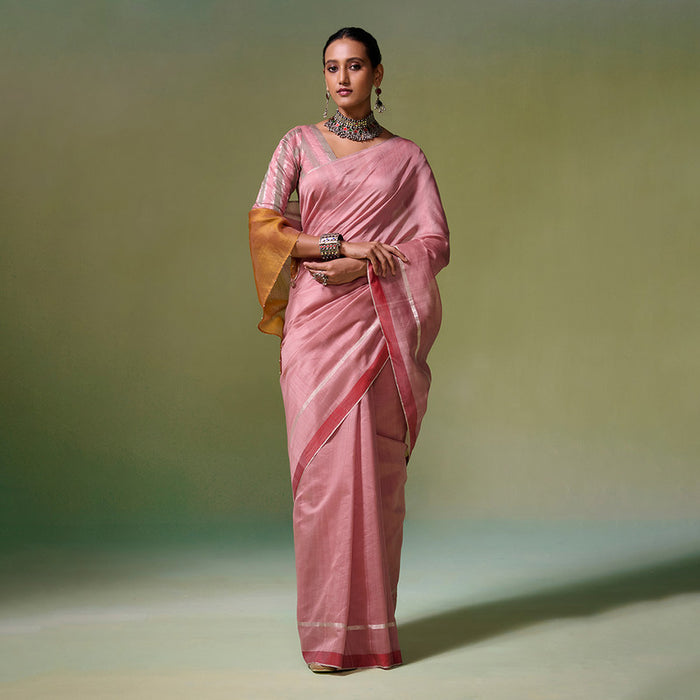 Chanderi Saree with Blouse Fabric | Zari Borders | Rose Pink