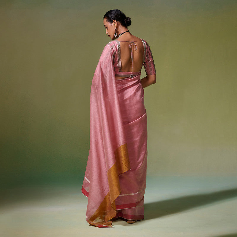 Chanderi Saree with Blouse Fabric | Zari Borders | Rose Pink