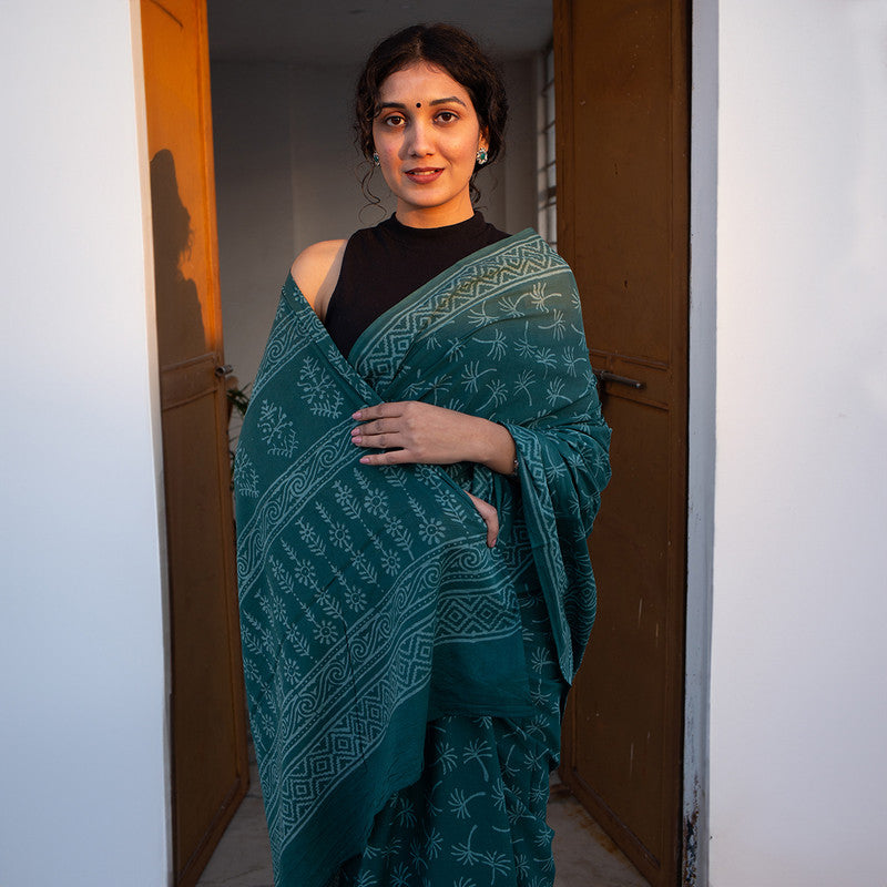 Mulmul Cotton Bagru Saree | Handblock Print | Dark Green