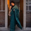 Mulmul Cotton Bagru Saree | Handblock Print | Dark Green