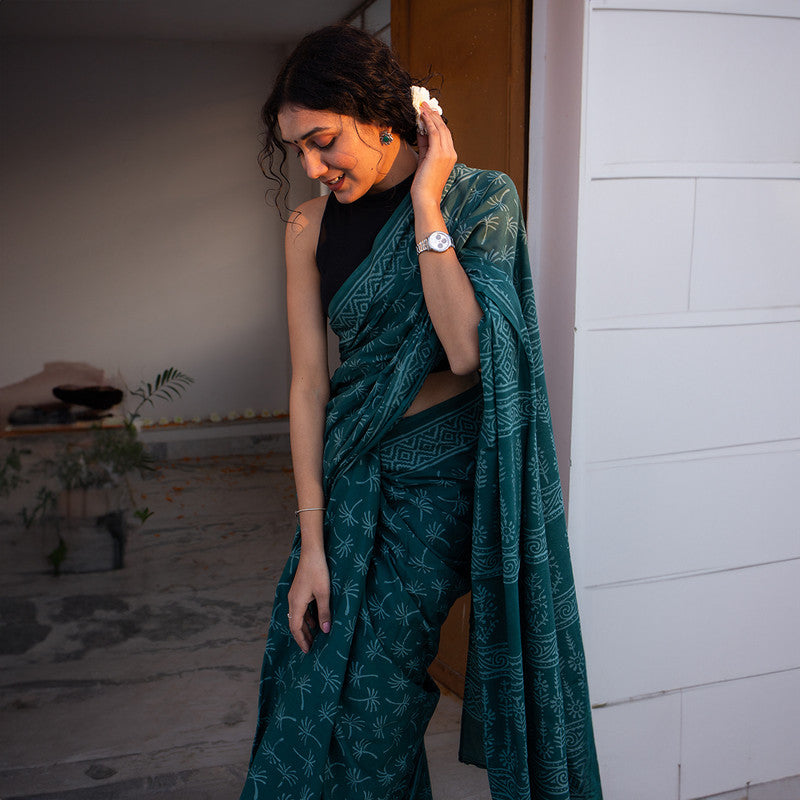 Mulmul Cotton Bagru Saree | Handblock Print | Dark Green