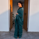 Mulmul Cotton Bagru Saree | Handblock Print | Dark Green