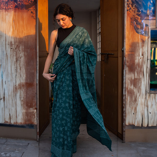 Mulmul Cotton Bagru Saree | Handblock Print | Dark Green