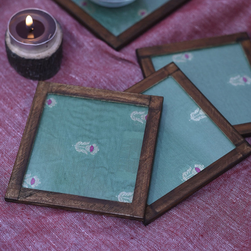 Silk Coaster | Floral Print | Green | Set of 4