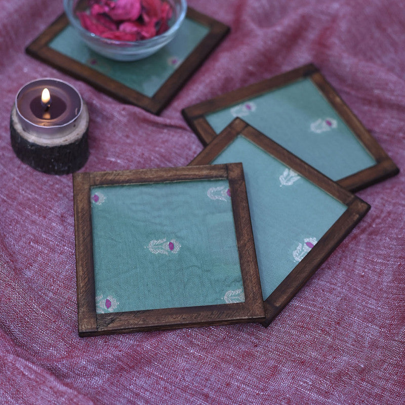 Silk Coaster | Floral Print | Green | Set of 4