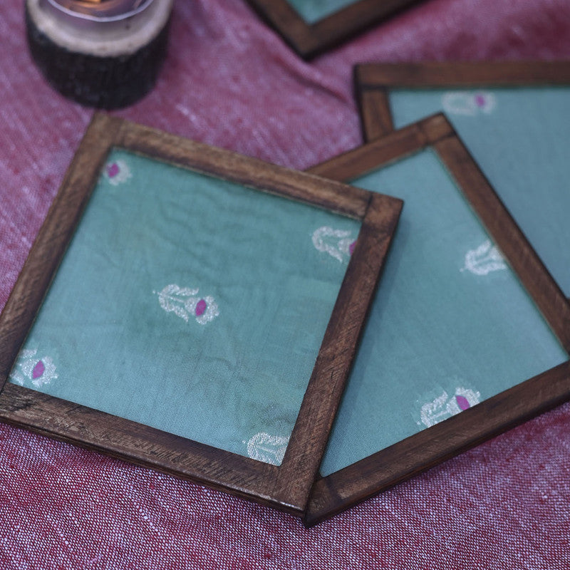 Silk Coaster | Floral Print | Green | Set of 4