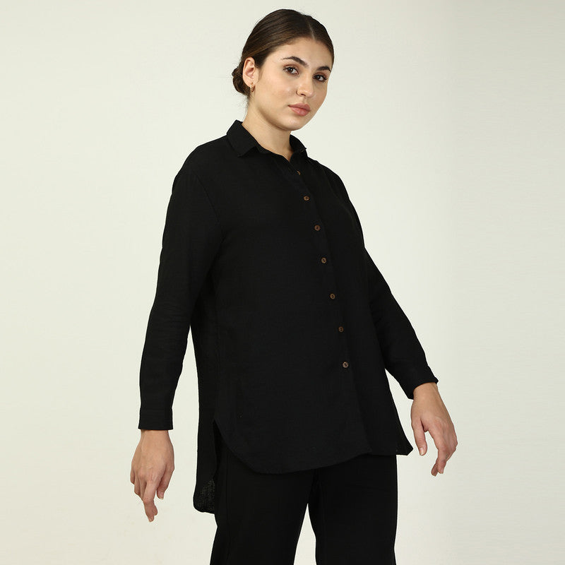 Black Linen Shirt for Women | Curved Hemline