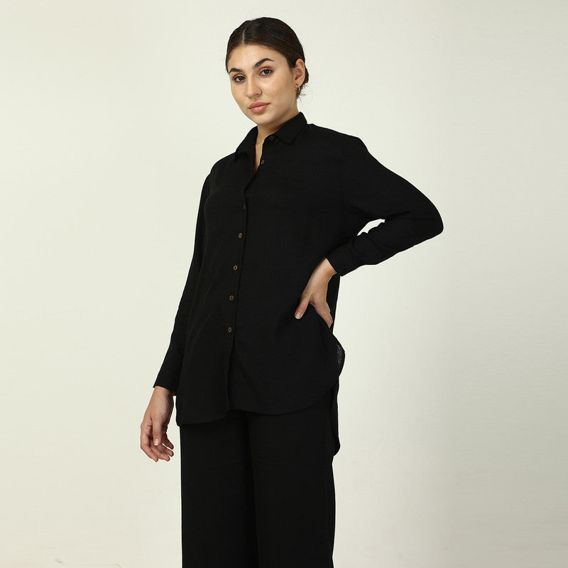 Black Linen Shirt for Women | Curved Hemline