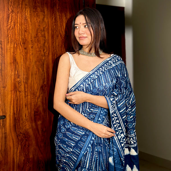 Handblock Printed Saree | Mulmul Cotton | Indigo