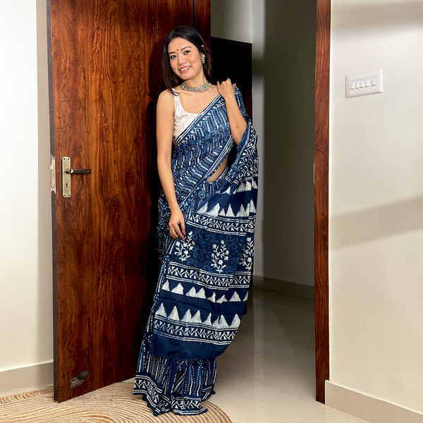 Handblock Printed Saree | Mulmul Cotton | Indigo