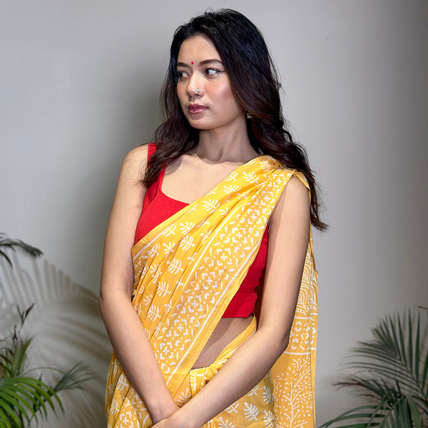 Mulmul Cotton Saree & Blouse Piece | Bagru Handblock Print | Haldi Yellow