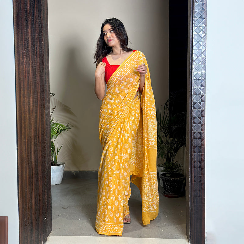 Mulmul Cotton Saree & Blouse Piece | Bagru Handblock Print | Haldi Yellow