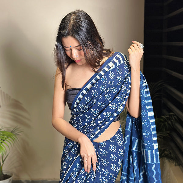 Mulmul Cotton Printed Saree | Indigo