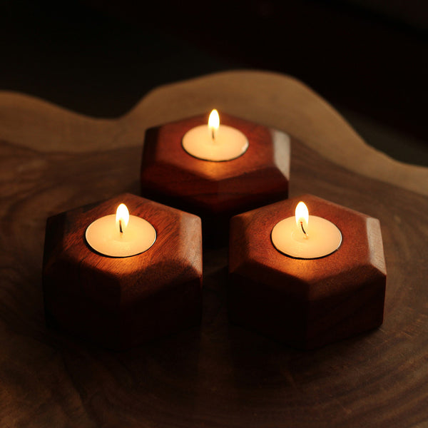 Acacia Wood Tea Light Candle Holders | Brown | Set of 3