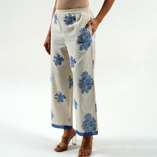 Cotton Printed Pant For Women | Hand Block Print | White